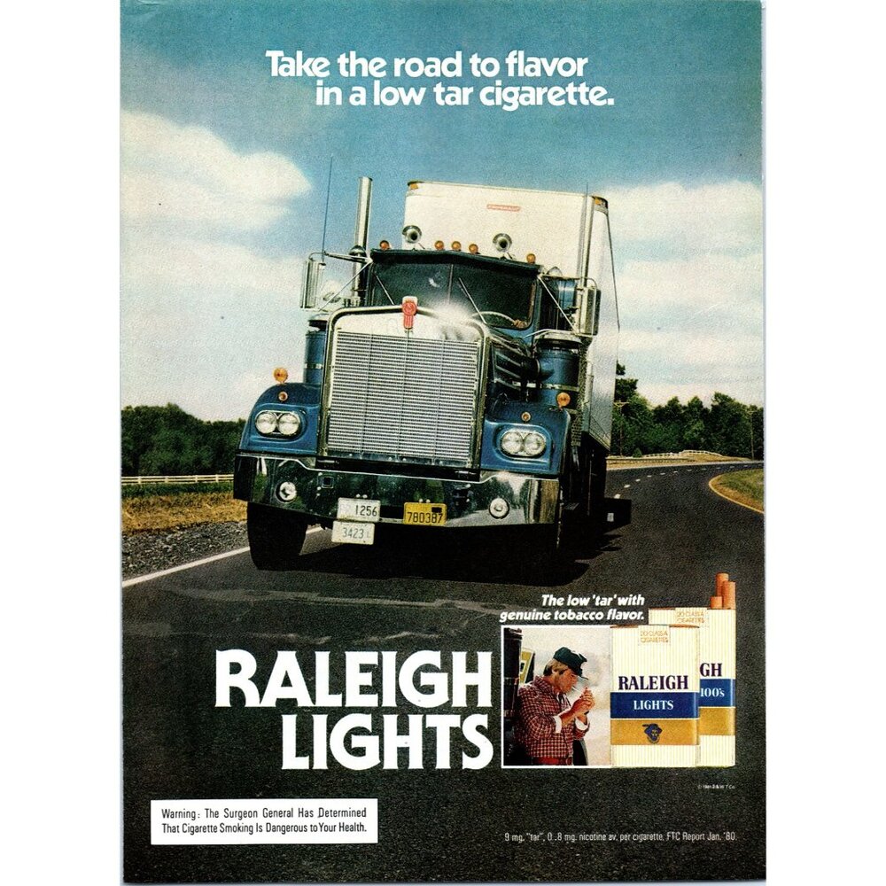 1981 Raleigh Lights Cigarettes Vintage Print Ad 18 Wheeler Truck Grill Wall Art